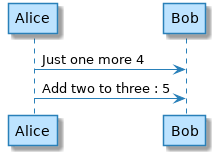 @startuml
!function $inc($value, $step=1)
!return $value + $step
!endfunction

Alice -> Bob : Just one more $inc(3)
Alice -> Bob : Add two to three : $inc(3, 2)
@enduml
