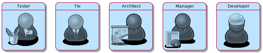     !include <osa/user/blue/tester/tester.puml>
    !include <osa/user/blue/tie/tie.puml>
    !include <osa/user/green/architect/architect.puml>
    !include <osa/user/green/business/manager/manager.puml>
    !include <osa/user/green/developer/developer.puml>

    Tester: <$tester>
    Tie: <$tie>
    Architect: <$architect>
    Manager: <$manager>
    Developer: <$developer>