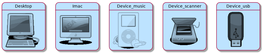     !include <osa/desktop/desktop.puml>
    !include <osa/desktop/imac/imac.puml>
    !include <osa/device_music/device_music.puml>
    !include <osa/device_scanner/device_scanner.puml>
    !include <osa/device_usb/device_usb.puml>


    Desktop: <$desktop>
    Imac: <$imac>
    Device_music: <$device_music>
    Device_scanner: <$device_scanner>
    Device_usb: <$device_usb>